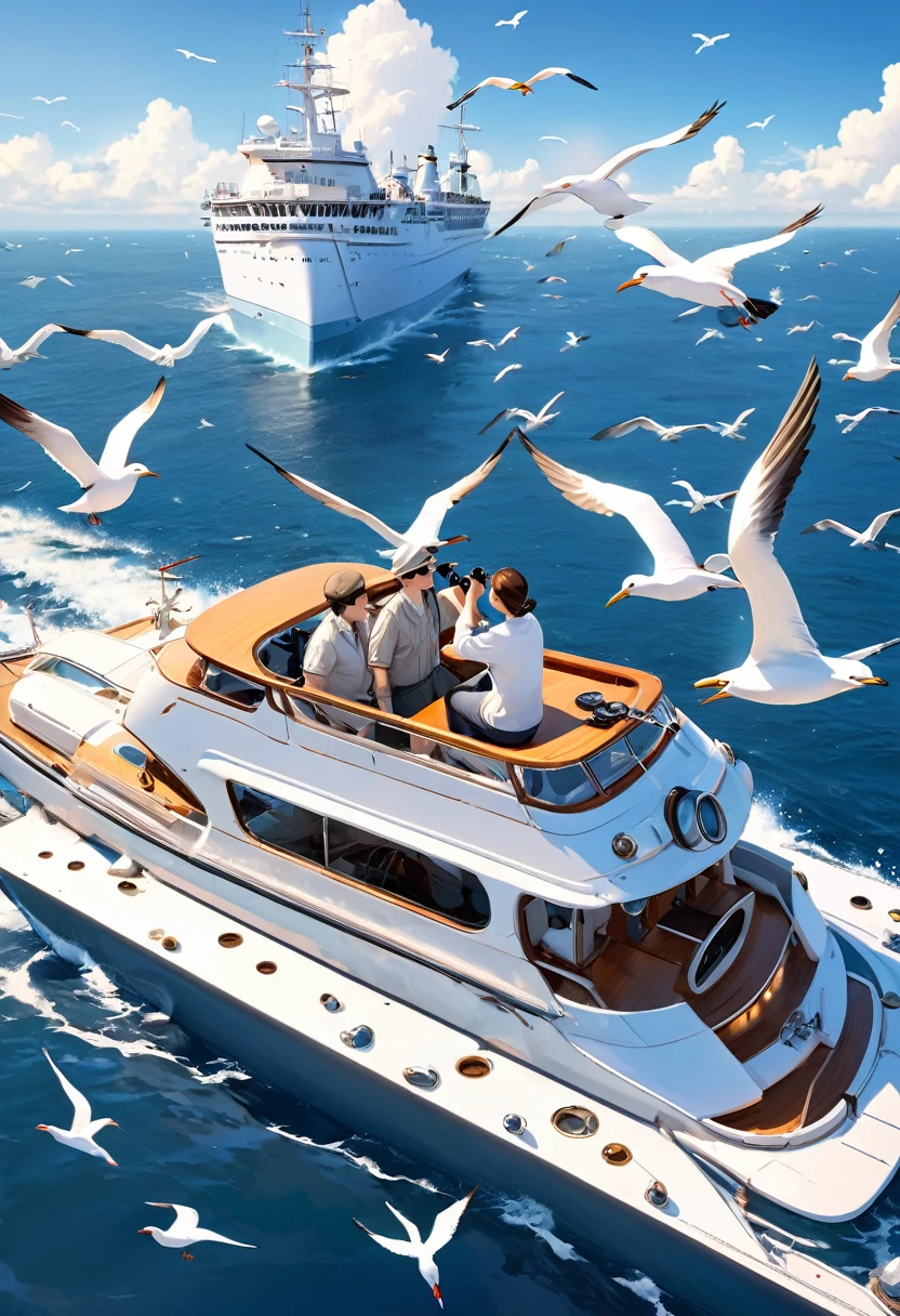 best quality, super fine, 16k, extremely detailed, 2.5D, delicate and dynamic, on a cruiser at sea, watching seagulls through binoculars