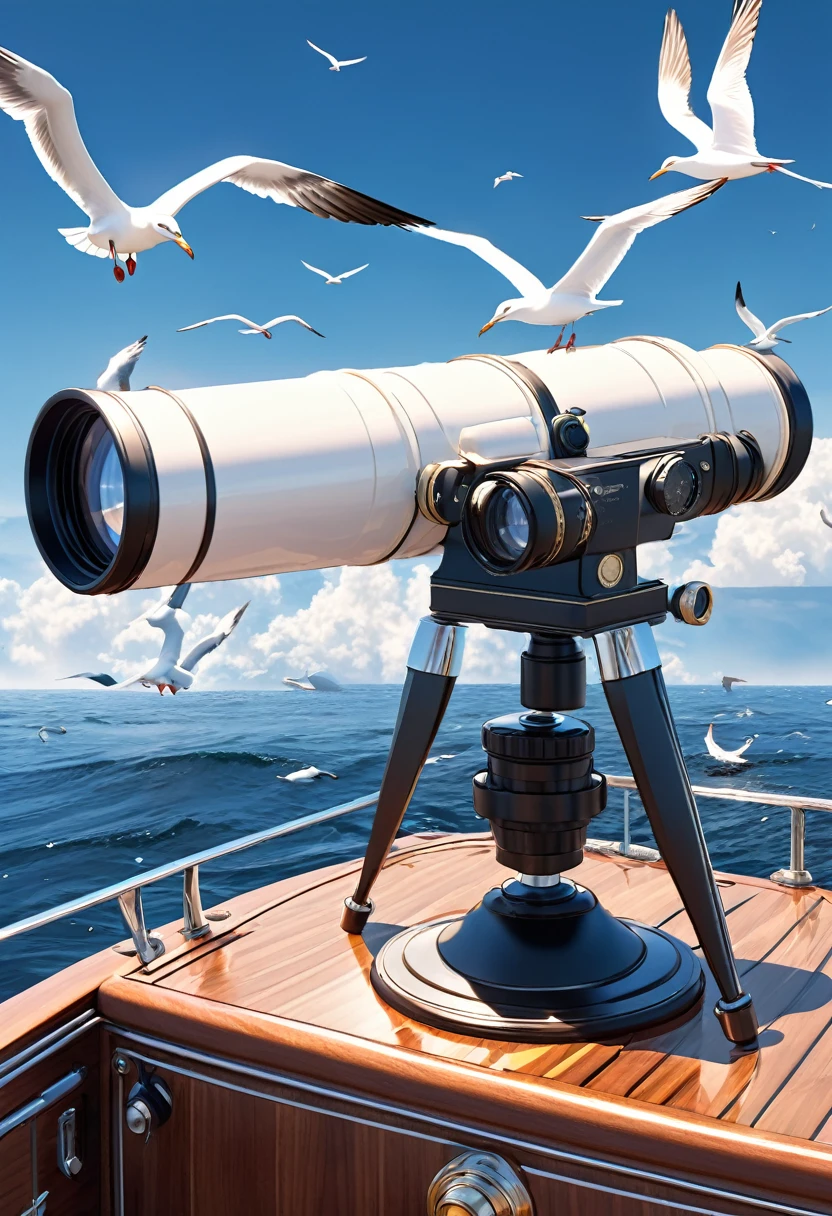 best quality, super fine, 16k, extremely detailed, 2.5D, delicate and dynamic, on a cruiser at sea, watching seagulls through binoculars 