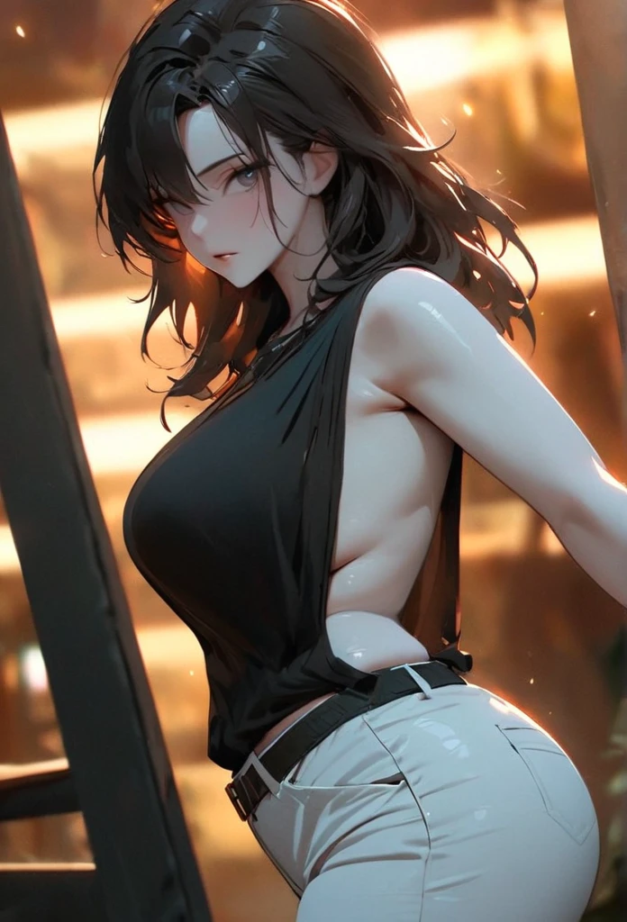 (solo), pitch black hair, messy hair, mane hair, short hair, dense hair, wild hair, expressive hair, mature,(25 year old), pale skin, ((Female)), grey eyes, beautiful girl, wearing a black shirt, emerald green jacket, white dress pants, open suit, thicc, beautiful, attractive, Giant breast, big ass, eye reflection, depth of field, thunder aura, cinematic lighting, ray tracing, depth of field, cinematic lighting, ray tracing, UHD, high details, best quality, highres, high quality, award winning, super detail, masterpiece, 8k, UHD, high details, best quality, highres, high quality, award winning, super detail, masterpiece, 8k, digital art, anime coloring, body shot, good face, perfect face, detailed face, good eyes. The background is a mall