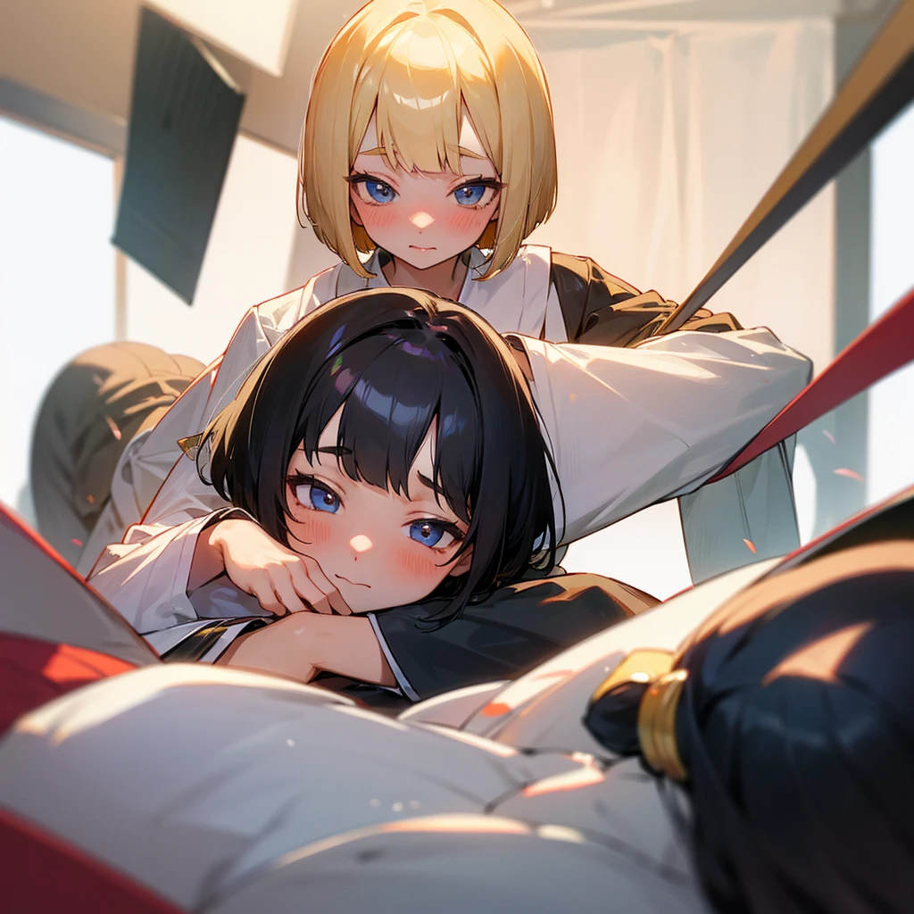 Japanese Girls、Black hairline、blonde、Bobcut、wearing student uniform,Blushing、School、One person