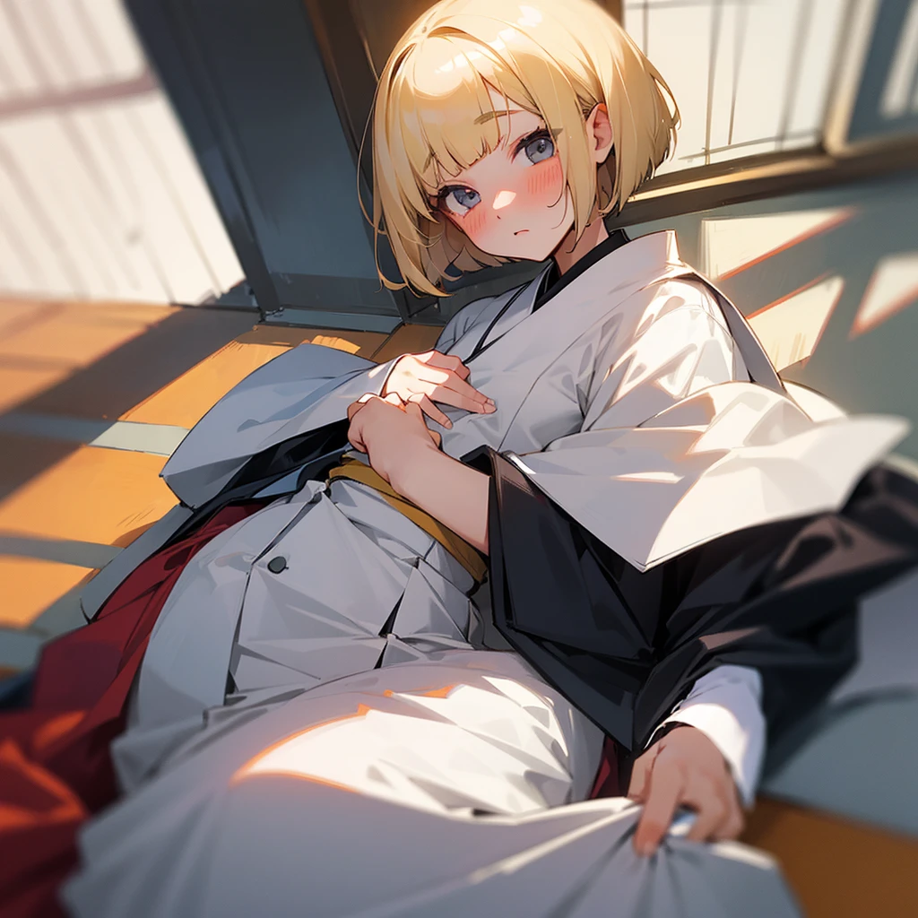 Japanese Girls、Black hairline、blonde、Bobcut、wearing student uniform,Blushing、School、One person