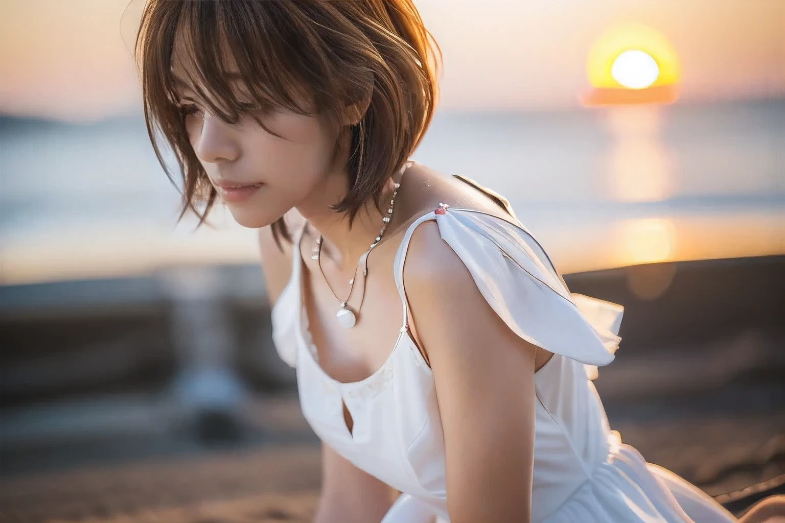 (Not looking at the camera、Beautiful profile looking into the distance:1.5)、(Sitting on the beach with my knees hugged:1.5)、(Profile of a woman looking at the beautiful sunset over the sea、18-year-old female:1.5)、(The best quality at its best:1.4), (Super detailed), (Very detailed CG unified 16k), Beautiful woman with perfect figure: 1.4, Sharp focus: 1.2, Very detailed, High-quality RAW color photos, Professional photography, Great face and eyes, cosmetics, (Amazingly beautiful girl), ((Summer white dress:1.5)), Realistic movie faces, Full body long view from head to toe, Realistic, ((Realistic natural orange red hairstyle)), ( Short Bob Hair:1.5), (necklace:1.5)、, Very beautiful face, Perfect model beauty, Mouth swelling, Highly detailed face and skin texture, Fine grain, double eyelid, Medium chest, (masterpiece), Highest quality, High resolution, Very detailed, Blurred Background, Depth of written boundary, Cinema Lighting, Great legs, , Clear, well-maintained skin,((Full body shot from head to toe:1.5))