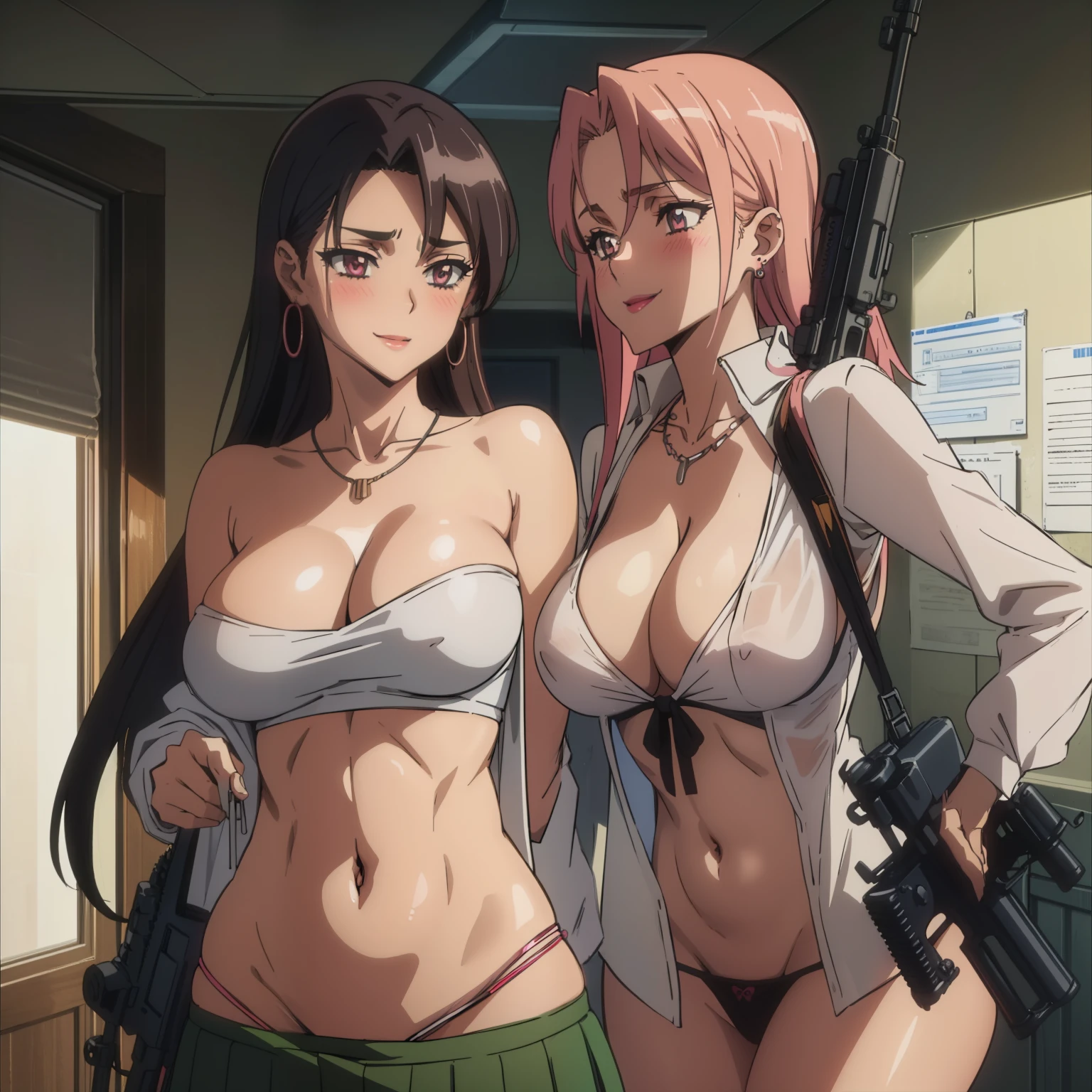 2girl, two girl, long hair, 
blush, lipstick, masterpiece, best quality, ((unbuttoned , cleavage, necklace, earrings, sexy body, breasts)) , micro skirt, smiling, navel , exposed belly, exposed navel,,school, knot, classroom , holding a gun, hold a gun, navel piercing