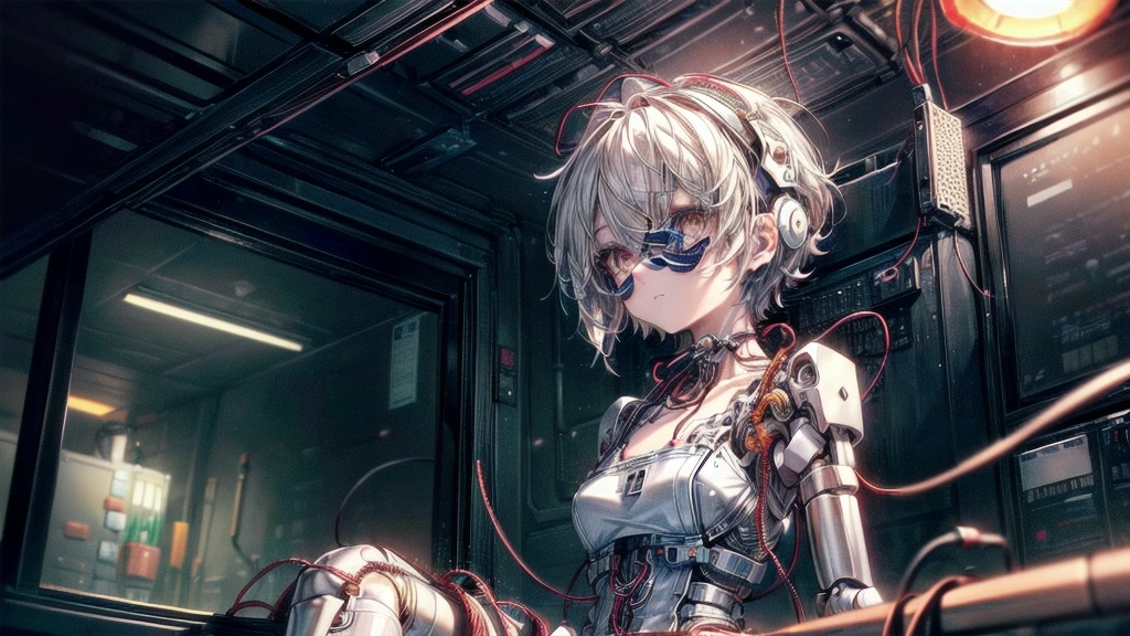 (((masterpiece))), (((Highest quality))), ((Very detailed)), (Highly detailed CG illustrations), ((Very delicate and beautiful)),(Cute and delicate face),Light,((1. Machine Girl)),alone,whole body,(Machine made joints:1.4),((Mechanical Limbs)),(Muscle swelling),(The container is connected to a tube),(Brain in a container:1.3),((Mechanical vertebrae attached to the back)),((Mechanical cervical spine attached to the neck)),((Sitting)),poker face,(Wires and cables attached to head and body:1.5),Small breasts,short hair,(Character Focus),SF,Dark shortcuts,Centering shortcuts,A devastated society,alone,