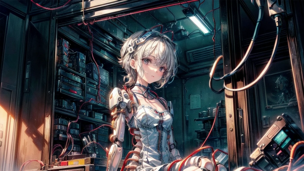 (((masterpiece))), (((Highest quality))), ((Very detailed)), (Highly detailed CG illustrations), ((Very delicate and beautiful)),(Cute and delicate face),Light,((1. Machine Girl)),alone,whole body,(Machine made joints:1.4),((Mechanical Limbs)),(Muscle swelling),(The container is connected to a tube),(Brain in a container:1.3),((Mechanical vertebrae attached to the back)),((Mechanical cervical spine attached to the neck)),((Sitting)),poker face,(Wires and cables attached to head and body:1.5),Small breasts,short hair,(Character Focus),SF,Dark shortcuts,Centering shortcuts,A devastated society,alone,
