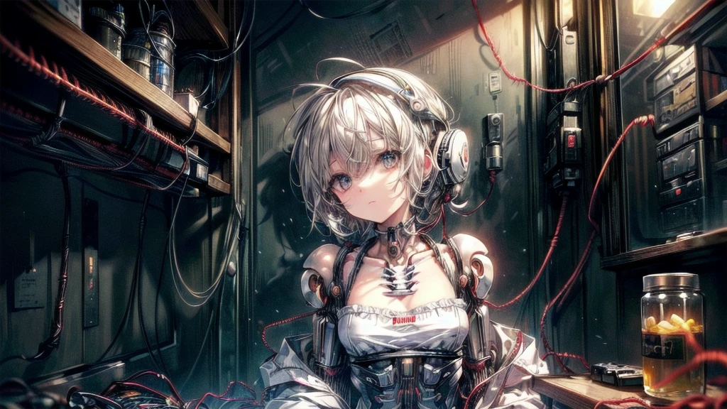 (((masterpiece))), (((Highest quality))), ((Very detailed)), (Highly detailed CG illustrations), ((Very delicate and beautiful)),(Cute and delicate face),Light,((1. Machine Girl)),alone,whole body,(Machine made joints:1.4),((Mechanical Limbs)),(Muscle swelling),(The container is connected to a tube),(Brain in a container:1.3),((Mechanical vertebrae attached to the back)),((Mechanical cervical spine attached to the neck)),((Sitting)),poker face,(Wires and cables attached to head and body:1.5),Small breasts,short hair,(Character Focus),SF,Dark shortcuts,Centering shortcuts,A devastated society,alone,