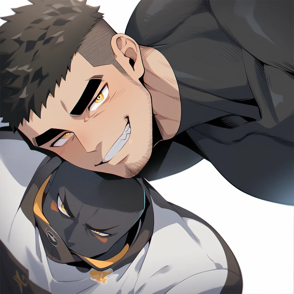 one negro, anime characters:Gyee, Hibino Kafka, One Muscle Sports Student, negro black skin, Very Black, muscular tough guy, Manliness, male focus, Grey long sleeve turtleneck tight t-shirt, Regular symmetrical pattern, Very tight, muscular male, muscular, only, Upper body, alone, Black short hair, Thick eyebrows, stubble, Yellow eyes, White background, simple background, amazing quality, best aesthetics, Ridiculous, bright pupils, crew cut, parted lips, seductive smile, torogao, naughty face, best quality