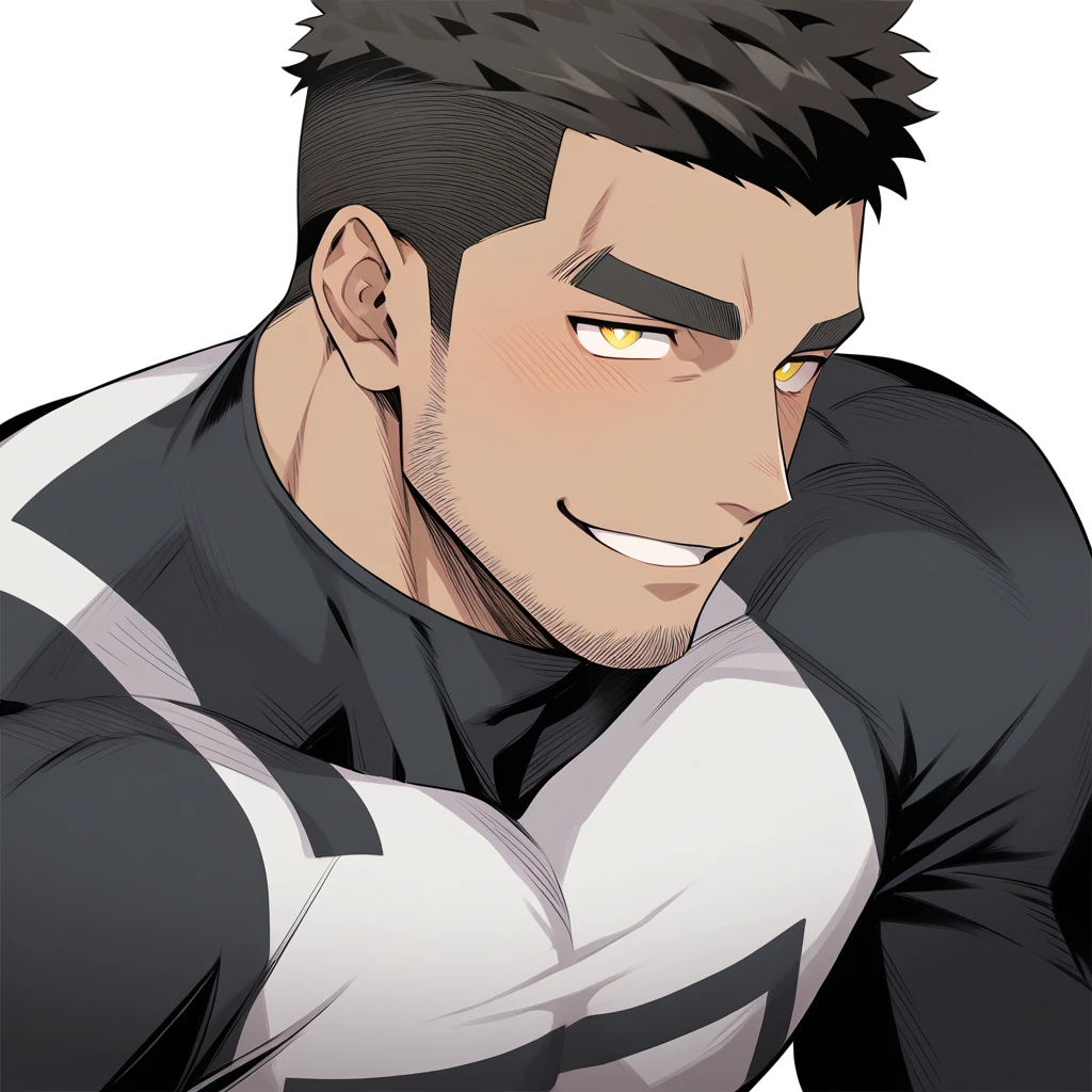 one negro, anime characters:Gyee, Hibino Kafka, One Muscle Sports Student, negro black skin, Very Black, muscular tough guy, Manliness, male focus, Grey long sleeve turtleneck tight t-shirt, Regular symmetrical pattern, Very tight, muscular male, muscular, only, Upper body, alone, Black short hair, Thick eyebrows, stubble, Yellow eyes, White background, simple background, amazing quality, best aesthetics, Ridiculous, bright pupils, crew cut, parted lips, seductive smile, torogao, naughty face, best quality