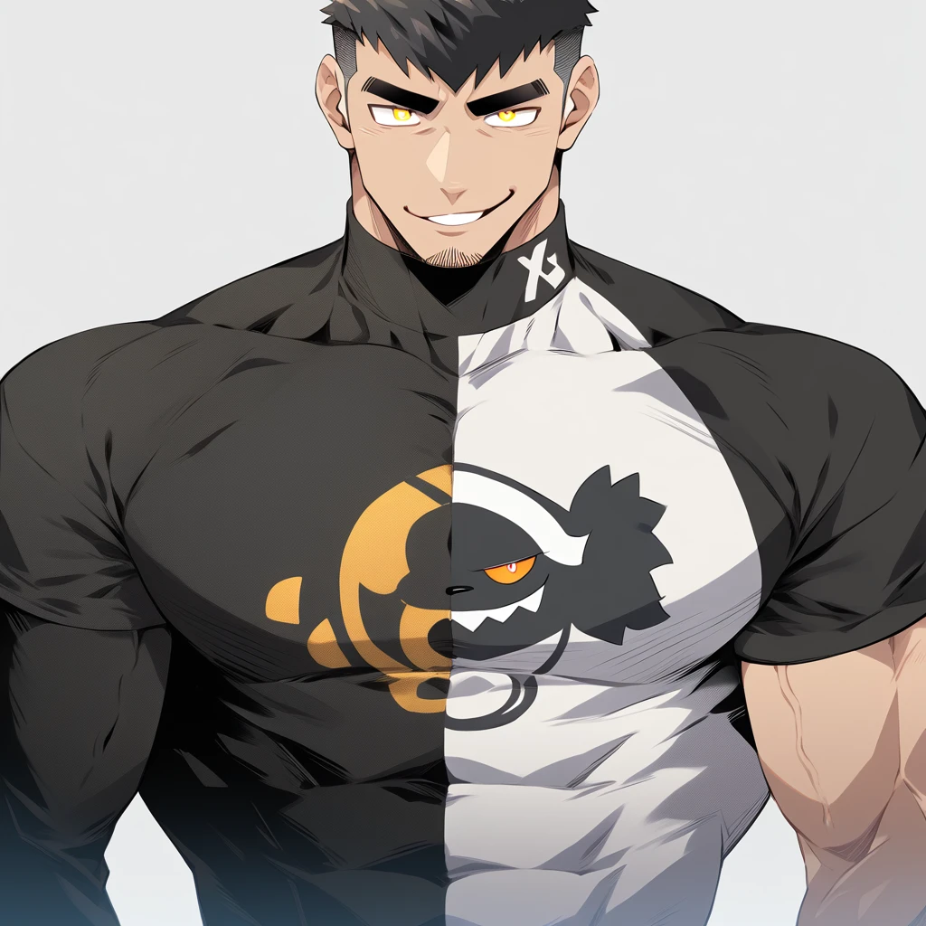 one negro, anime characters:Gyee, Hibino Kafka, One Muscle Sports Student, negro black skin, Very Black, muscular tough guy, Manliness, male focus, Grey long sleeve turtleneck tight t-shirt, Regular symmetrical pattern, Very tight, muscular male, muscular, only, Upper body, alone, Black short hair, Thick eyebrows, stubble, Yellow eyes, White background, simple background, amazing quality, best aesthetics, Ridiculous, bright pupils, crew cut, parted lips, seductive smile, torogao, naughty face, best quality