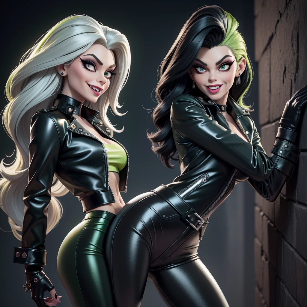 obra prima, melhor qualidade, (cruella deville, elizabeth montgomery, vamp 70yo face wrinkles,) head back, sassy wicked girl, big toothy smile, open mouth, maniacal, extreme, thick smoky black eye shadow, long fake eyelashes, raven black mullet hair, ((metallic lime green pvc biker jacket, skinny jeans,)) with studs zippers snaps, shiny leather gloves, body is skinny, against the wall, shiny tight buttocks, kama sutra, camera view of whole body, looking up at me, shallow depth of field, highres, HD, 8k, anatomically correct