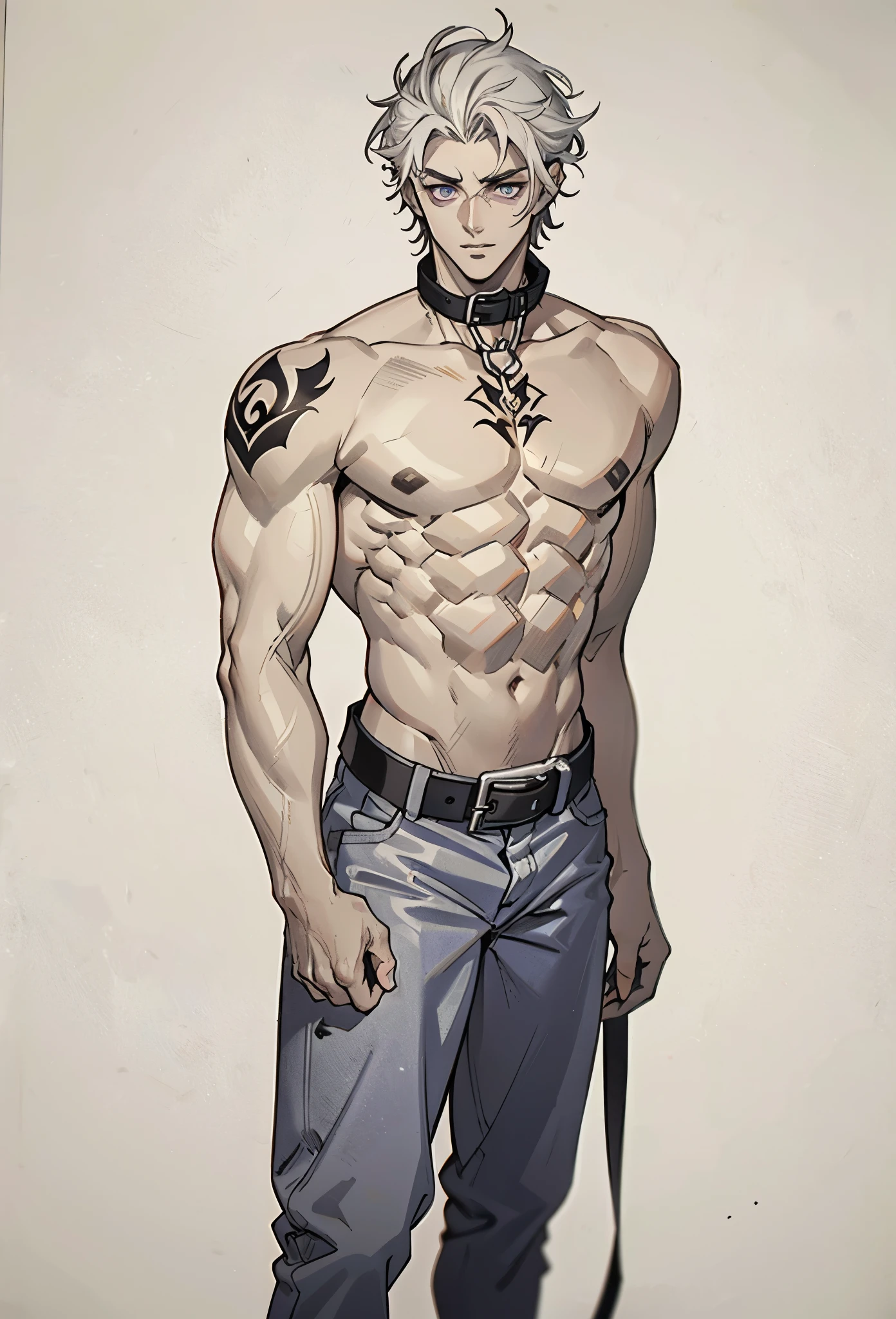 A young man with short gray hair, completely white skin, pale skin, resolute eyes, handsome face, serious expression, a metal collar around his neck, his upper body is bare, a slender yet muscular build, a purple demon tattoo is on his left shoulder, a black and white belt, cloth trousers, emitting a purple aura, he stands in a mining valley, the ground around him glowing red and cracking open, this character embodies a finely crafted fantasy-style slave warrior in anime style, exquisite and mature manga art style, dramatic, high definition, best quality, highres, ultra-detailed, ultra-fine painting, extremely delicate, professional, perfect body proportions, golden ratio, anatomically correct, symmetrical face, extremely detailed eyes and face, high quality eyes, creativity, RAW photo, UHD, 32k, Natural light, cinematic lighting, masterpiece-anatomy-perfect, masterpiece:1.5