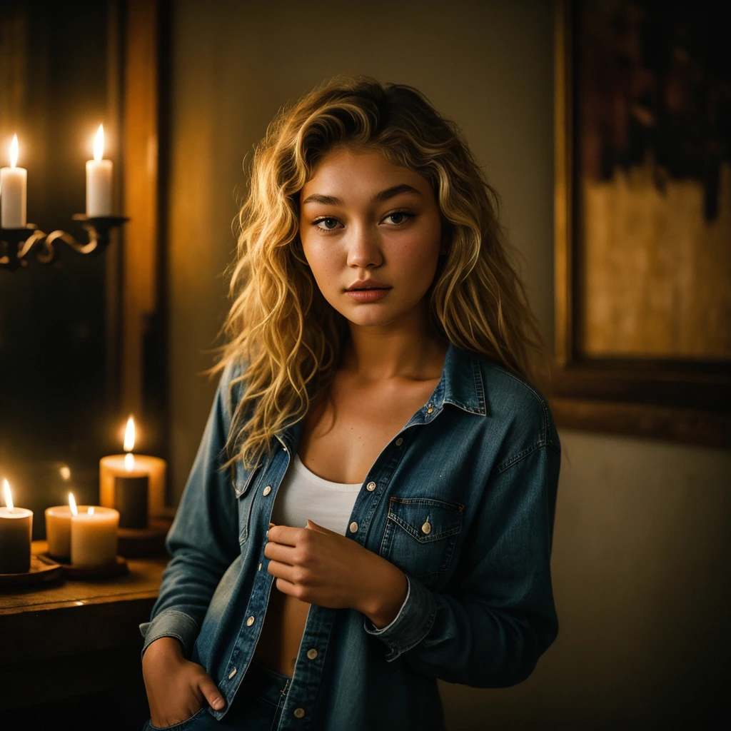 photograph of gigi hadid troubled facial expression), textured skin, goosebumps, blonde afro hair, plaid flannel shirt with distressed boyfriend jeans, cowboy shot, dark and hong kong with unique rock formations and hidden wonders, perfect eyes, (candlelight,chiaroscuro), Porta 160 color, shot on ARRI ALEXA 65, bokeh, sharp focus on subject, shot by Don McCullin