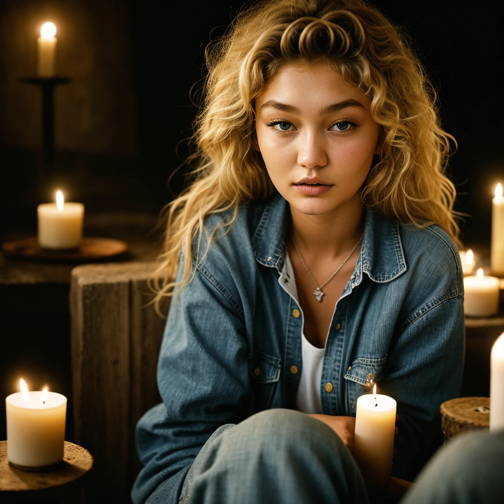 photograph of  gigi hadid troubled facial expression), textured skin, goosebumps, blonde afro hair, plaid flannel shirt with distressed boyfriend jeans, cowboy shot, dark and hong kong with unique rock formations and hidden wonders, perfect eyes, (candlelight,chiaroscuro), Porta 160 color, shot on ARRI ALEXA 65, bokeh, sharp focus on subject, shot by Don McCullin