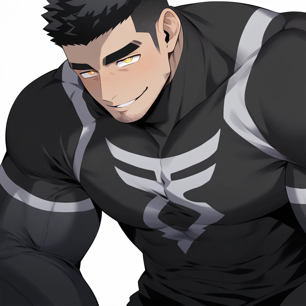 one negro, anime characters:Gyee, Hibino Kafka, One Muscle Sports Student, negro black skin, Very Black, muscular tough guy, Manliness, male focus, Grey long sleeve turtleneck tight t-shirt, Regular symmetrical pattern, Very tight, muscular male, muscular, only, Upper body, alone, Black short hair, Thick eyebrows, stubble, Yellow eyes, White background, simple background, amazing quality, best aesthetics, Ridiculous, bright pupils, crew cut, parted lips, seductive smile, torogao, naughty face, best quality