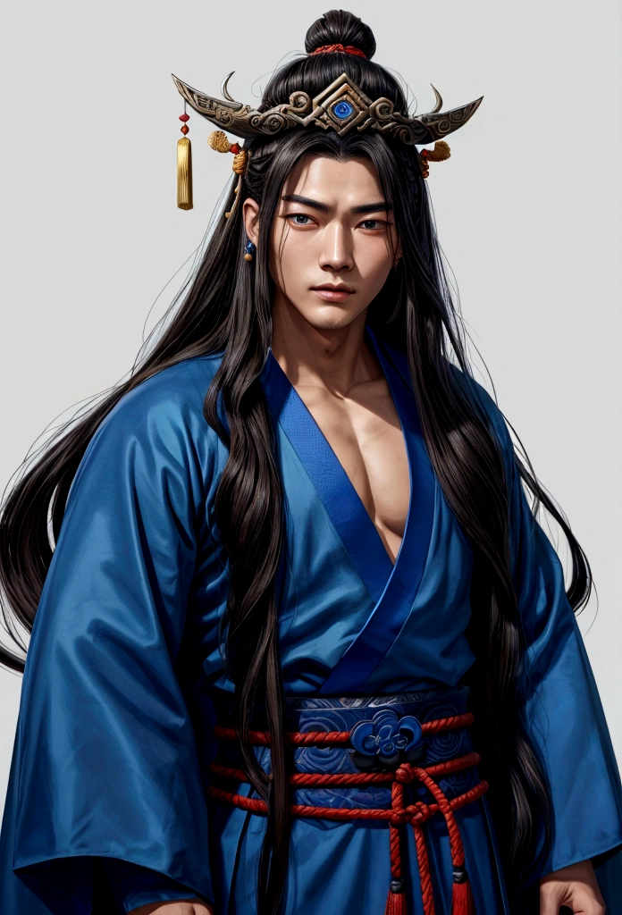 Close up of man with long hair wearing blue robe, Inspired by Oh Do-ja, Work inspired by Jojbai, Inspired by Woobin, by Jay Yang, Works inspired by Zuderun, Guandosung(Guan Daosheng)inspired by, heise jinyao, Inspired by Dong Yuan, xianxia hero, Inspired by Emperor Xuande