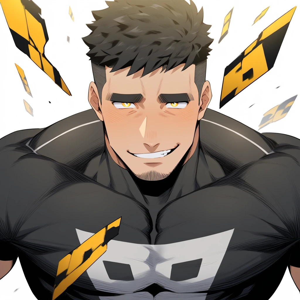 one negro, anime characters：Gyee, Hibino Kafka, One Muscle Sports Student, negro black skin, Very Black, muscular tough guy, Manliness, male focus, Grey long sleeve turtleneck tight t-shirt, Regular symmetrical pattern, Very tight, muscular male, muscular, only, Upper body, alone, Black short hair, Thick eyebrows, stubble, Yellow eyes, White background, simple background, amazing quality, best aesthetics, Ridiculous, bright pupils, crew cut, parted lips, seductive smile, torogao, naughty face, best quality