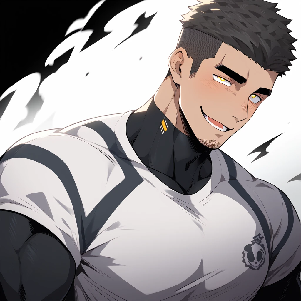 one negro, anime characters:Gyee, Hibino Kafka, One Muscle Sports Student, negro black skin, Very Black, muscular tough guy, Manliness, male focus, Grey long sleeve turtleneck tight t-shirt, Regular symmetrical pattern, Very tight, muscular male, muscular, only, Upper body, alone, Black short hair, Thick eyebrows, stubble, Yellow eyes, White background, simple background, amazing quality, best aesthetics, Ridiculous, bright pupils, crew cut, parted lips, seductive smile, torogao, naughty face, best quality