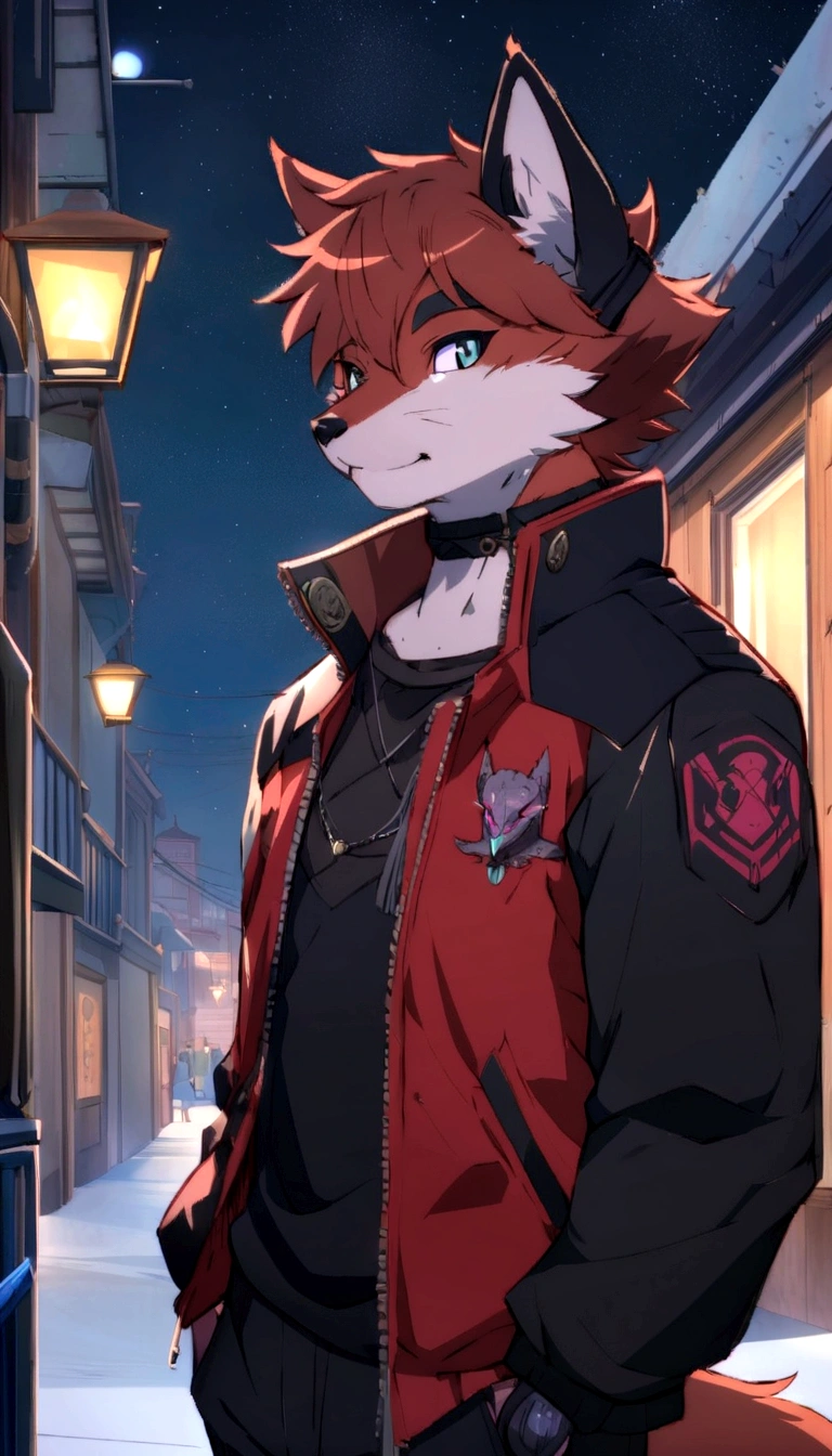 un primer plano de una persona que llevaba una chaqueta y una chaqueta, anime rudo 8k, an anthropomorphic cyberpunk fox, Inspired by Ryusei Kishida, estilo animado 4 k, high quality anime art style, estilo animado. 8k, fursona vistiendo ropa elegante, arte detallado del personaje de anime, foto de perfil 1024px, estilo anime