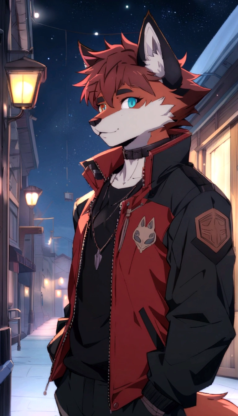 un primer plano de una persona que llevaba una chaqueta y una chaqueta, anime rudo 8k, an anthropomorphic cyberpunk fox, Inspired by Ryusei Kishida, estilo animado 4 k, high quality anime art style, estilo animado. 8k, fursona vistiendo ropa elegante, arte detallado del personaje de anime, foto de perfil 1024px, estilo anime