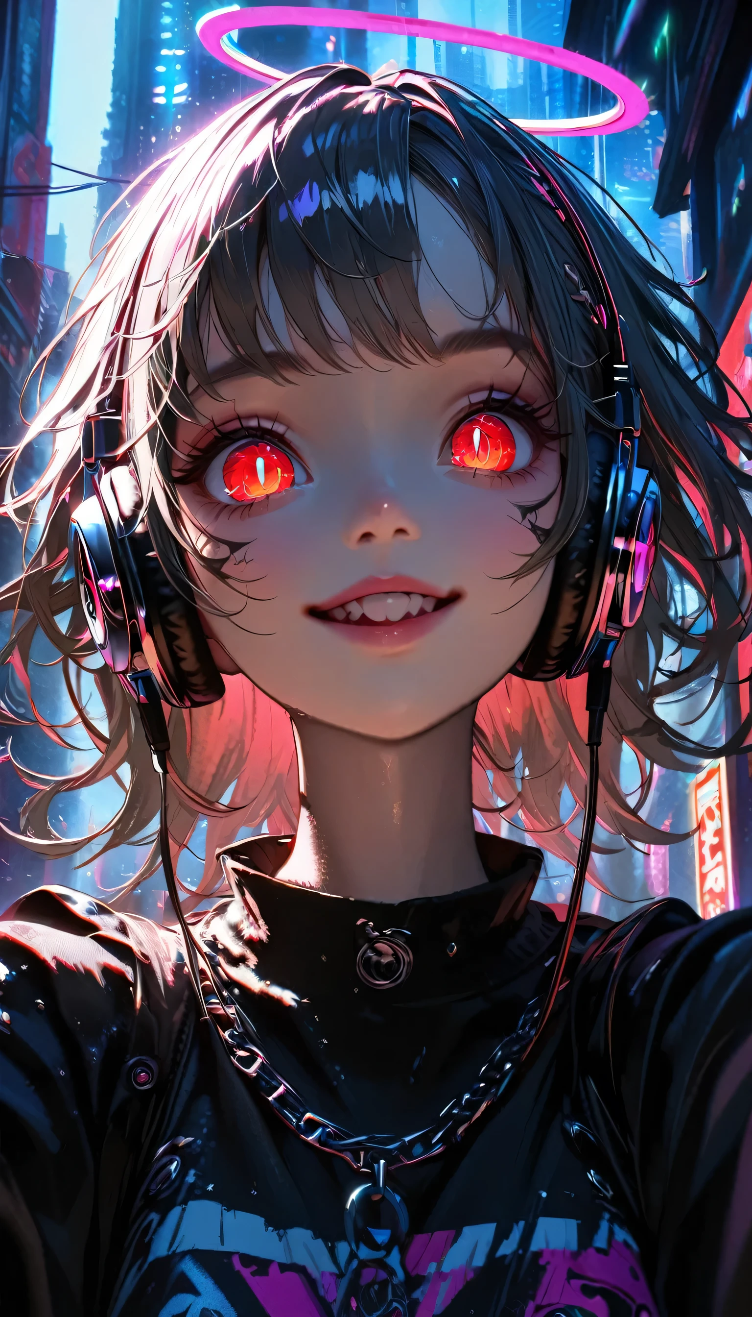 1 girl, Chromatic Aberration, Depth of Field, soft light, masterpiece, Top quality, complicated, Tone Mapping, Very detailed, Art Station, concept art, Smooth, Clear focus, Dramatic Lighting, Very detailed artwork, Movie, super Practical painting, Art Station's trending, 8K, incredible shadow, Practical, (Very detailed background:1.0), whole body, View, Viewers, Very detailed portrait of one girl 1, Standing on the street corner, Heavy rain and thunder、Gloomy sky, neon and cyber punk background, she is dressed in punk clothing with silver chains and silver spikes, Her hair was dyed a delicate black,The middle part is black, She is wearing headphones, Detailed red eyes and clear pupils, The sinister aura of the halo, Smile, punk, ciber punk, Backlight.