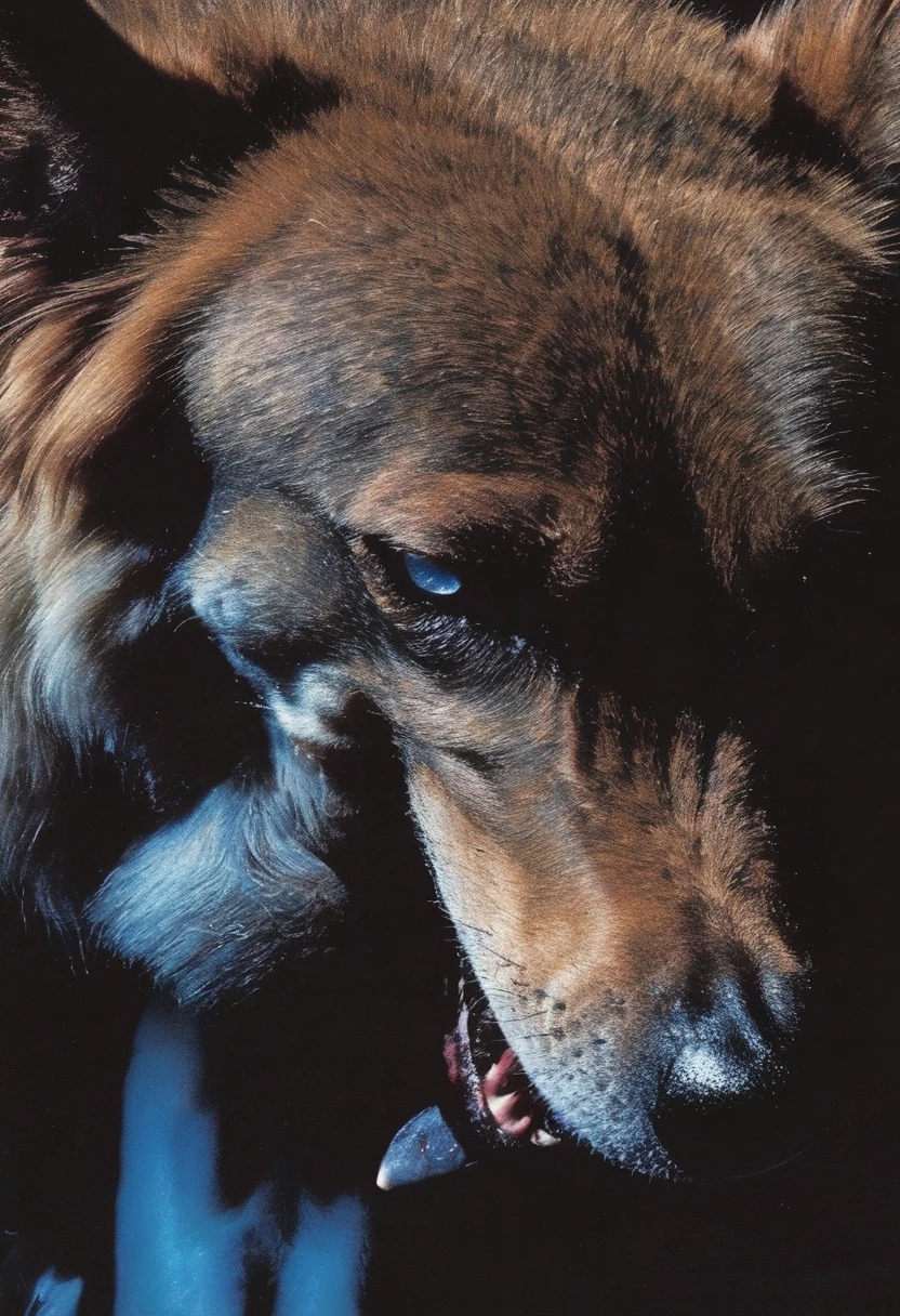 giant angry dog at night, blue background
