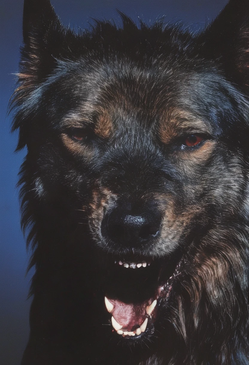 giant angry dog at night, blue background