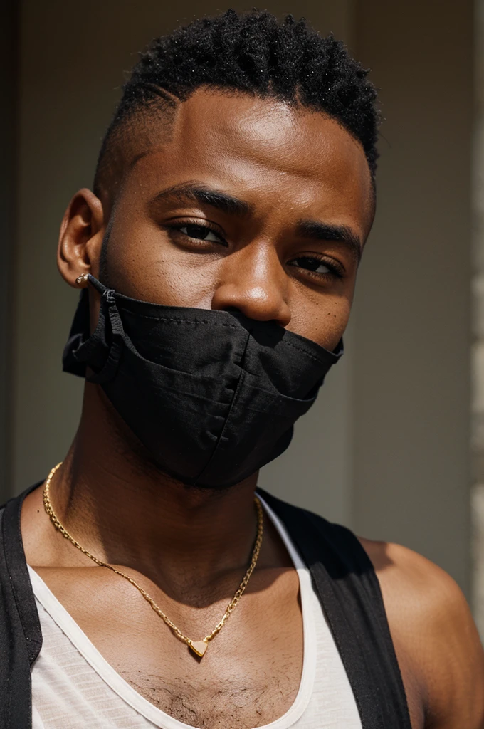 BLACK MAN, BLACK BANDANA, WHITE TANK TOP SHIRT, GOLD CHAIN, FACE FRONT, BRIGHT FACE, SLEEVE LESS SHIRT