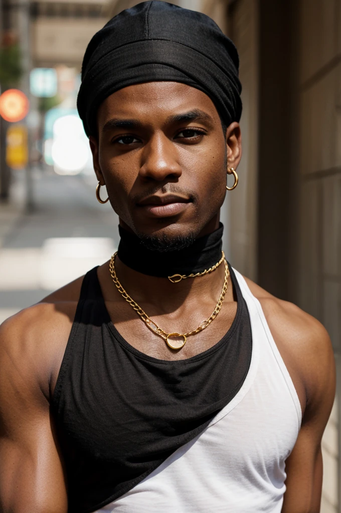 BLACK MAN, BLACK BANDANA, WHITE TANK TOP SHIRT, GOLD CHAIN, FACE FRONT, BRIGHT FACE, SLEEVE LESS SHIRT