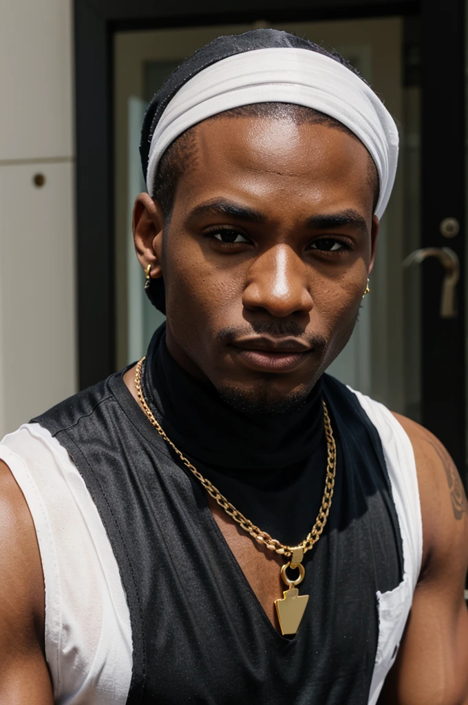 BLACK MAN, BLACK BANDANA, WHITE TANK TOP SHIRT, GOLD CHAIN, FACE FRONT, BRIGHT FACE, SLEEVE LESS SHIRT