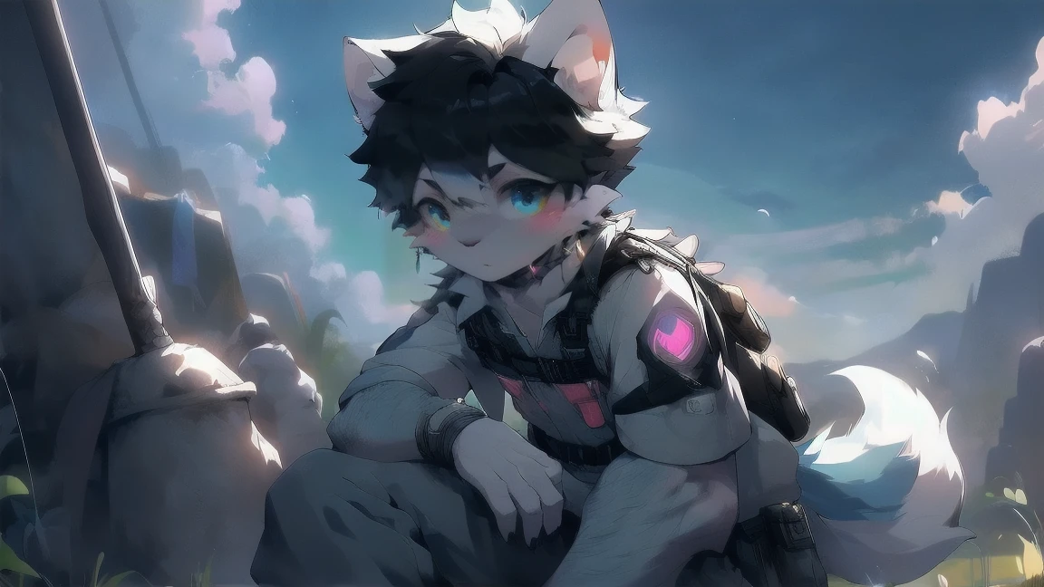 White Wolf，male，juvenile，black hair，hairy，Sky blue eyes，Wolf ears，Wolf Tail，resident Evil，Chemical protective clothing