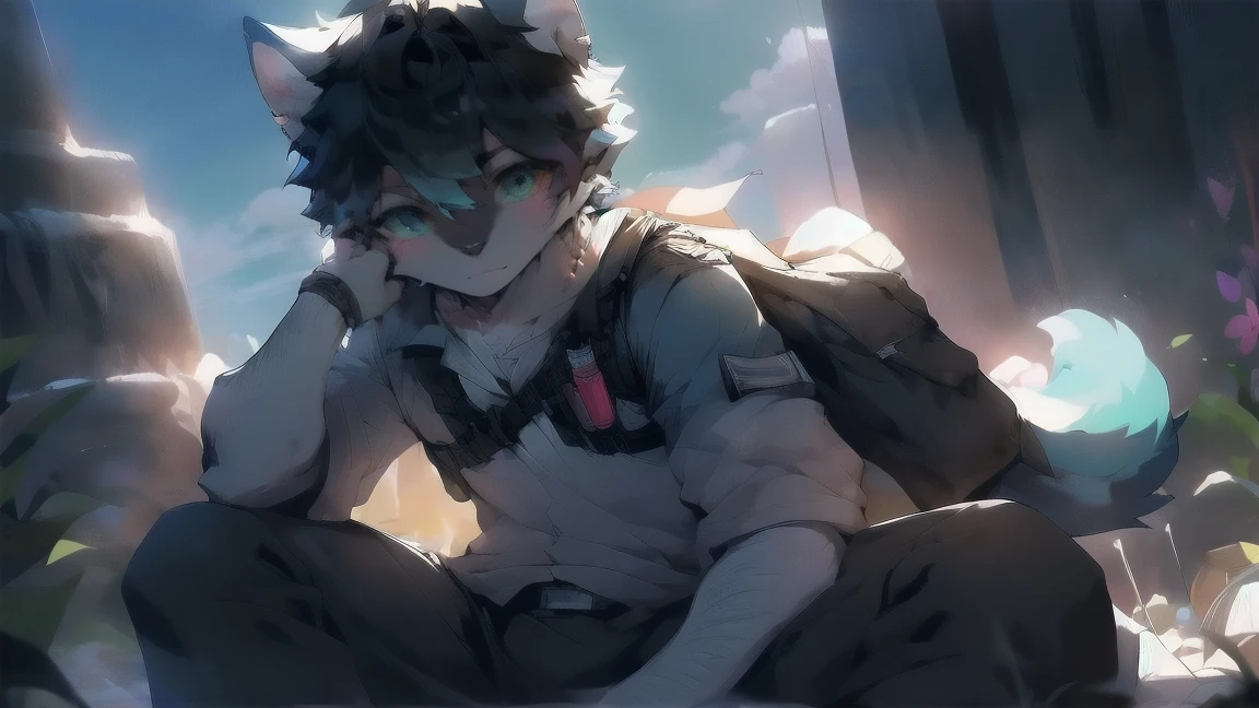 White Wolf，male，juvenile，black hair，hairy，Sky blue eyes，Wolf ears，Wolf Tail，resident Evil，Chemical protective clothing