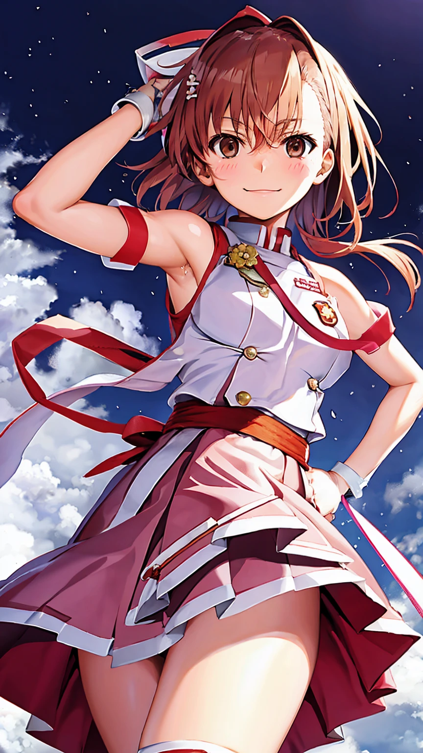 Misaka Mikoto's Anime View, One girl, Teenage Girl, cute, alone, Chestnut Hair, hairpin,Brown eyes, Are standing, View your viewers,smile,,Anime Style, Student uniform++ mini skirt