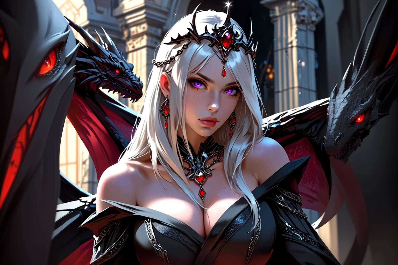 blond woman in a black dress with a dragon headpiece and red eyes, epic fantasy art style hd, queen of dragons, epic fantasy art style, fantasy art style, 2. 5 d cgi anime fantasy artwork, dragon queen, epic fantasy digital art style, detailed digital 2d fantasy art, detailed fantasy art, 4k fantasy art, dragon girl, fantasy style art
