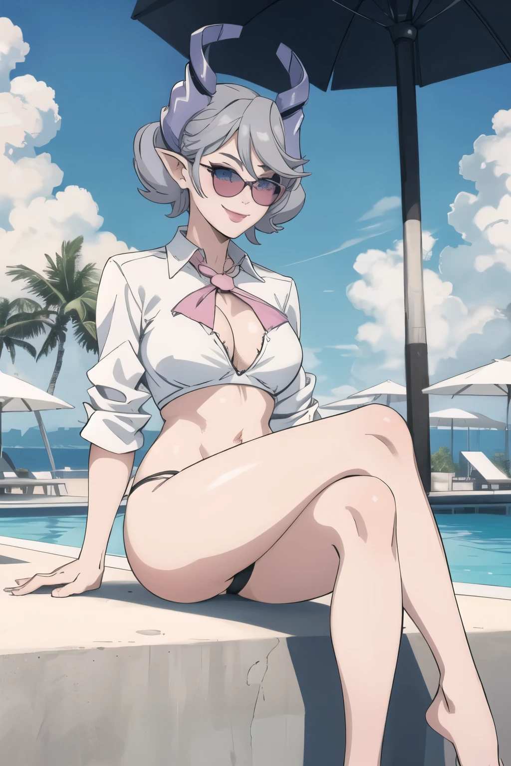 High level image quality best image quality 8K adult woman pool party sunset palm trees whole body view portrait black bikini horn ears short hair((shortcut)(gray hair)(perm)(fluffy)) eye color is blue , pure classy pink sunglasses , attractive evil face , smile , sexy pose , labrynth , barearm , wearing white shirt , sitting , crossed leg style in detailed , view foot arc