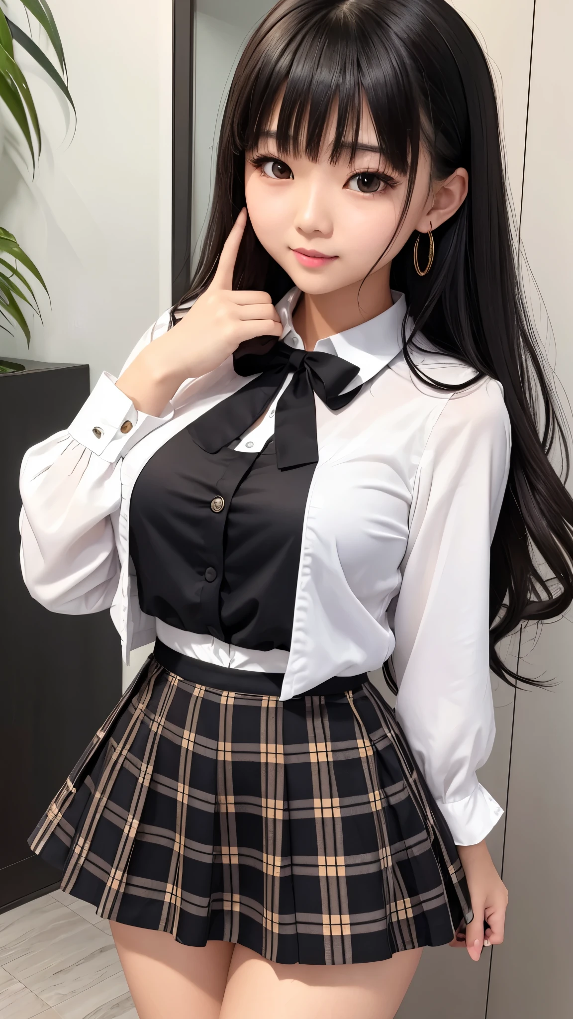 Detailed face、highlight、Asian Girl、thigh、breast enhancement、Black Hair、Heavy bangs、Checkered Skirt、White blouse、Bodyline、