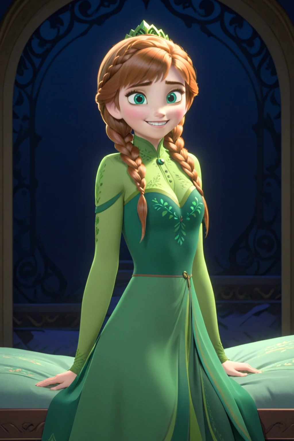 (masterpiece),(highest quality),highres,(an extremely delicate and beautiful),(extremely detailed), 1girl, solo,  anna of arendelle, green nude, twin braids, woman, medium breasts, night, looking at viewer, smile,  royal palace, bed, looking at viewer,  studio anime, cel shading