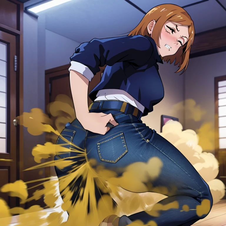 HD, high quality, high resolution, ultrahd, Nobara Kugisaki, 1female, wearing default outfit, dark blue hoodie, white pants, default hair, brown hair, very tall body, thin body, massive fart, yellow smoke, velocity, 1 eye closed, 1 eye opened, forcing, struggling, struggle face, blush, leaning, viewing ass, embarrassed, clenching teeth, alone in a room, beautiful lighting, highlights