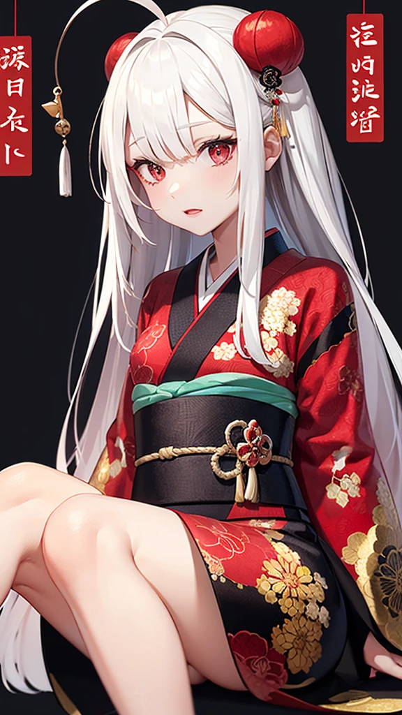 A female with long white hair and red eyes,wearing a black and red kimono