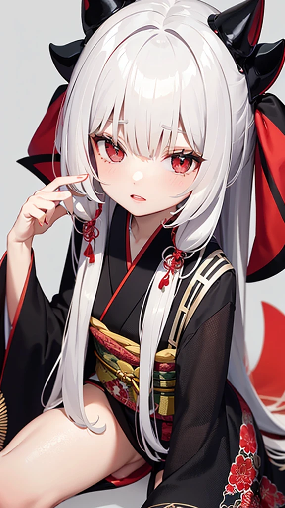 A female with long white hair and red eyes,wearing a black and red kimono