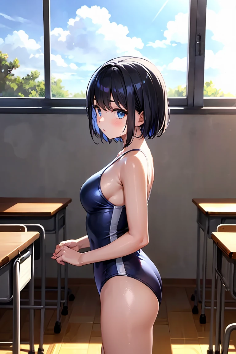 (gleaming skin:1.3), A young girl with black short hair, sky-blue eyes, wearing a one-piece swimsuit, standing, classroom. crowd. (from the right side:1.3)