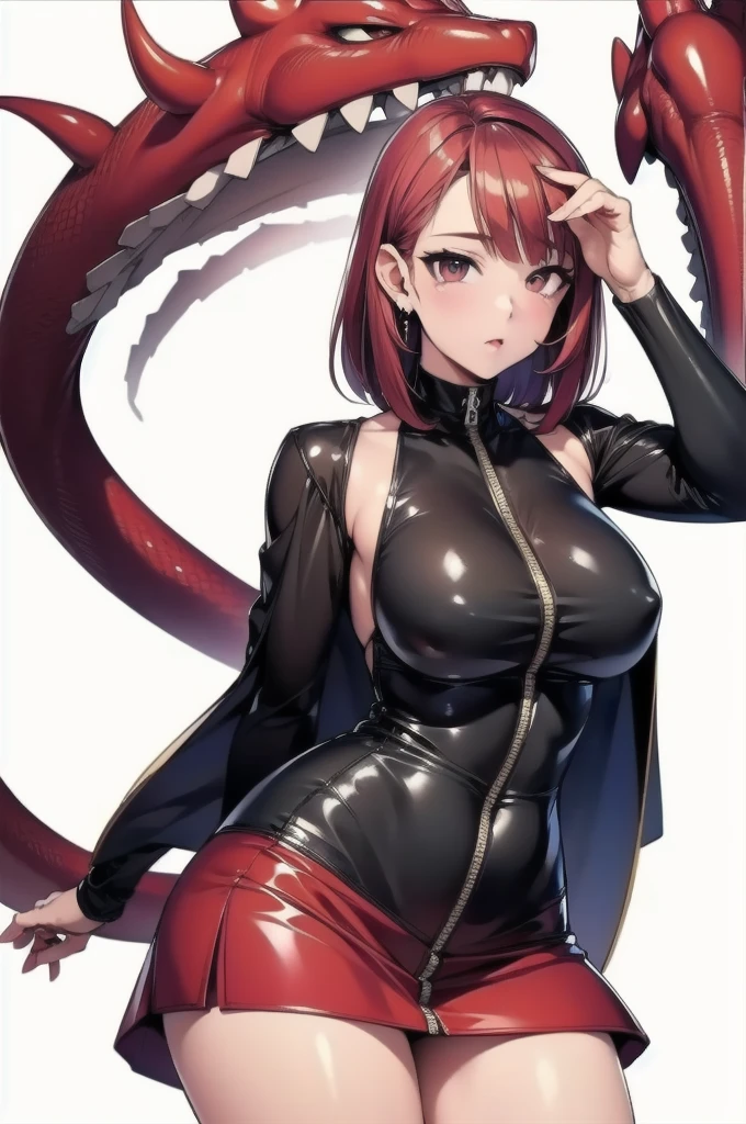 ((masterpiece: 1.4, 最high quality))+,(Super detailed)+, Official Art, unity 8k wallpaper, Super detaileded, beautiful, high quality, beautiful, masterpiece, 最high quality, (Large Breasts), whole body, Character portrait, White Background, Red Straight Hair, Dark Eyes, Black Little Snake, Red Jewelry, stud, Black lace flats, Asymmetrical Skirt, devil of lust