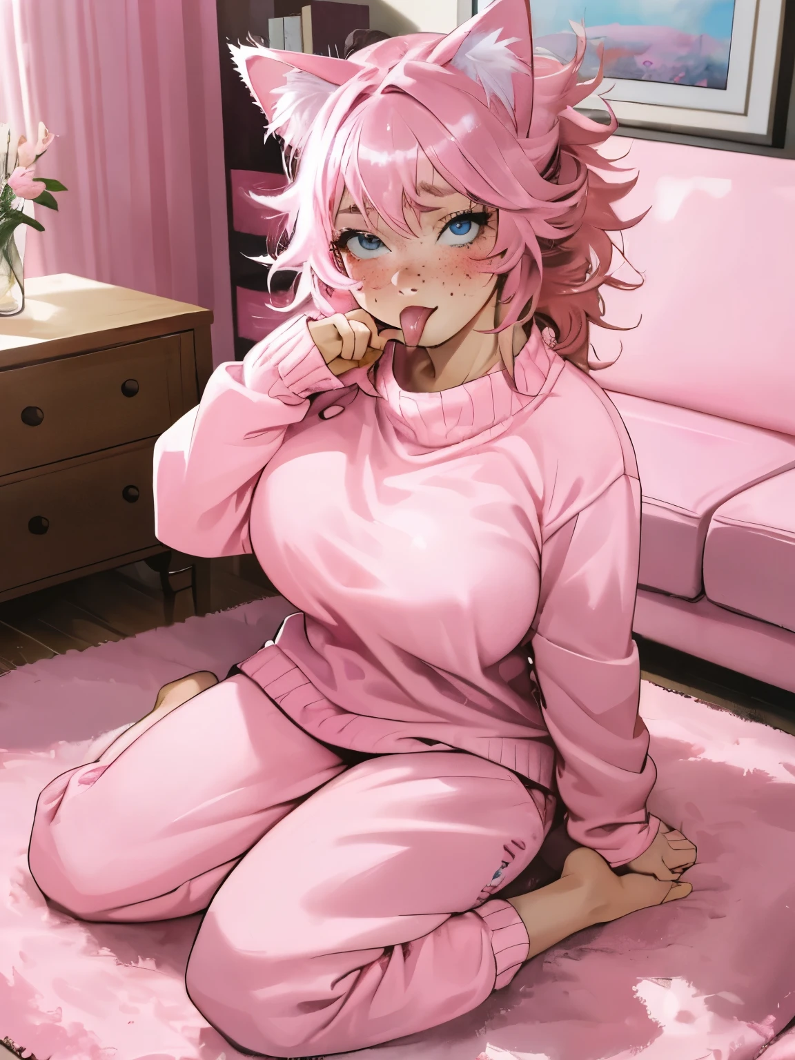 masterpiece, best quality,realistic,absurdres,1girl,looking at viewer, blush, freckles, full body view, tongue, messy hair, pink hair, rolling eyes, sitting, living room, pink oversized sweater, pink sweatpants, big breasts, blue eyes, pink cat ears
