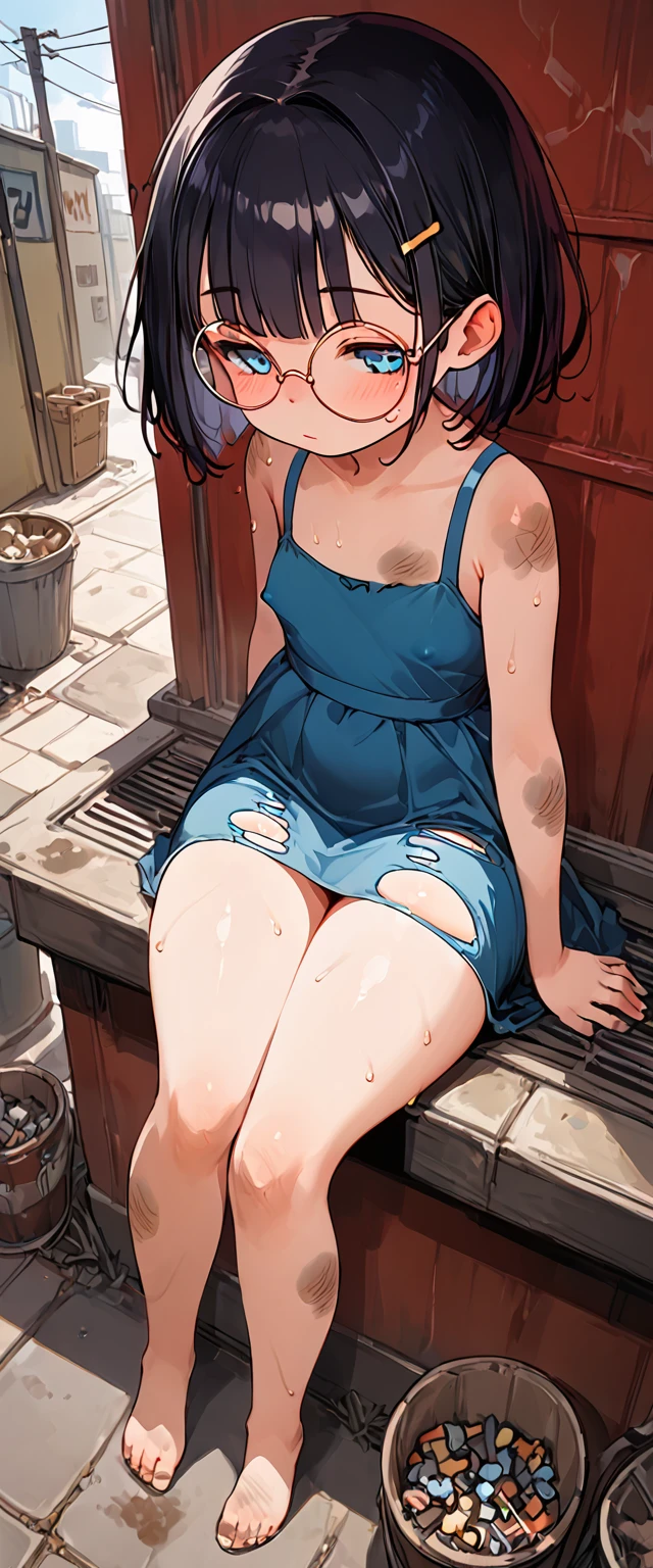 (masterpiece), (best quality), ((ultra-detailed)), (high resolution), (an extremely delicate and beautiful, super fine illustration), official art, BREAK 1girl, (:1.5), (tiny girl:1.7), (5yo:) flat chest, Plump, (Thick thighs:1.5), (big ass:1.5), erect nipples, Huge areola, large nipples, long nipples, erect nipples, oily skin, BREAK droopy eyes, emerald blue eyes, (bad mood:1.3), (clear face:1.3), (half closed eyes:1.4), BREAK bob cut, tired hair, messy hair, No hair ornament, Black hair color, girl wearing black round glasses, BREAK (sundress), (torn clothes:1.4), (bare foot:1.4), BREAK Sweat, steam, humid, NSFW, (dirty body:1.4), BREAK (sitting on the alley), BREAK (dynamic angle:1.7), from below,