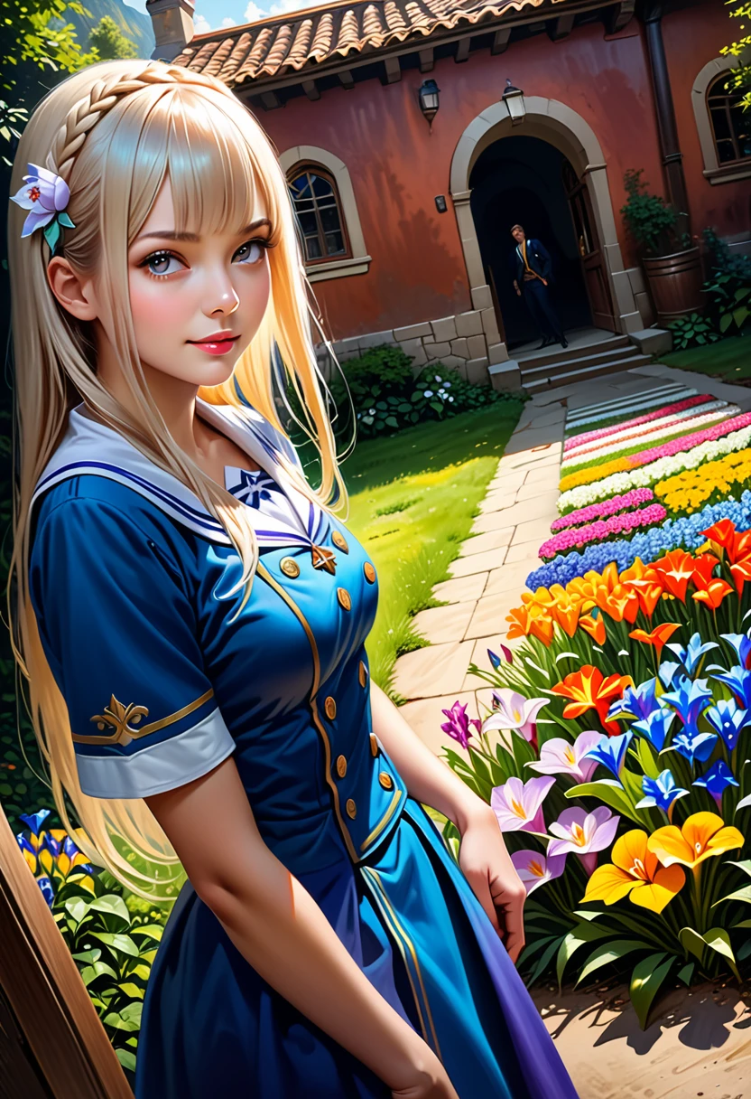 (Panorama, Center, Masterpiece, Highest Quality: 1.2), (8K, Raw Photos, Highest Quality), ((Masterpiece: 1.2)), Realistic, Ultra High Resolution, High Contrast, Photon Mapping, Vivid Colors, distant view, 26mm, Super Detailed, Raw Photos, Authentic, Official Art, RAW Photos, Professional Lighting, Lights, Vivid Atmosphere, finest illustration, best shadows),(An image with a composition with a large background and a small person), A smiling young girl (Emilia princess from Re:Zero, elegant silver-haired girl with delicate features, beautiful detailed eyes, long eyelashes, full lips, colorful makeup, slim waist, wearing a academy uniform, short sleeve top, photorealistic, (best quality,4k,8k,highres,masterpiece:1.2),ultra-detailed,(realistic,photorealistic,photo-realistic:1.37), extremely detailed face and eyes, highly detailed iris, (cute)), Early summer, Daytime. Plain, A smiling young girl can be seen standing in the distance against the background of various colorful flowers, On the side, there is a small white kitten, green and gold and silver gradients, the atmosphere where you can feel the excitement of adventure, an atmosphere of happiness and joy, a world view of high fantasy, a magnificent composition, beautifully depicted with the golden rule, Guardian nebulae of iridescent lights and silvery vapors, colors of corrosive siege rays, slimy air,