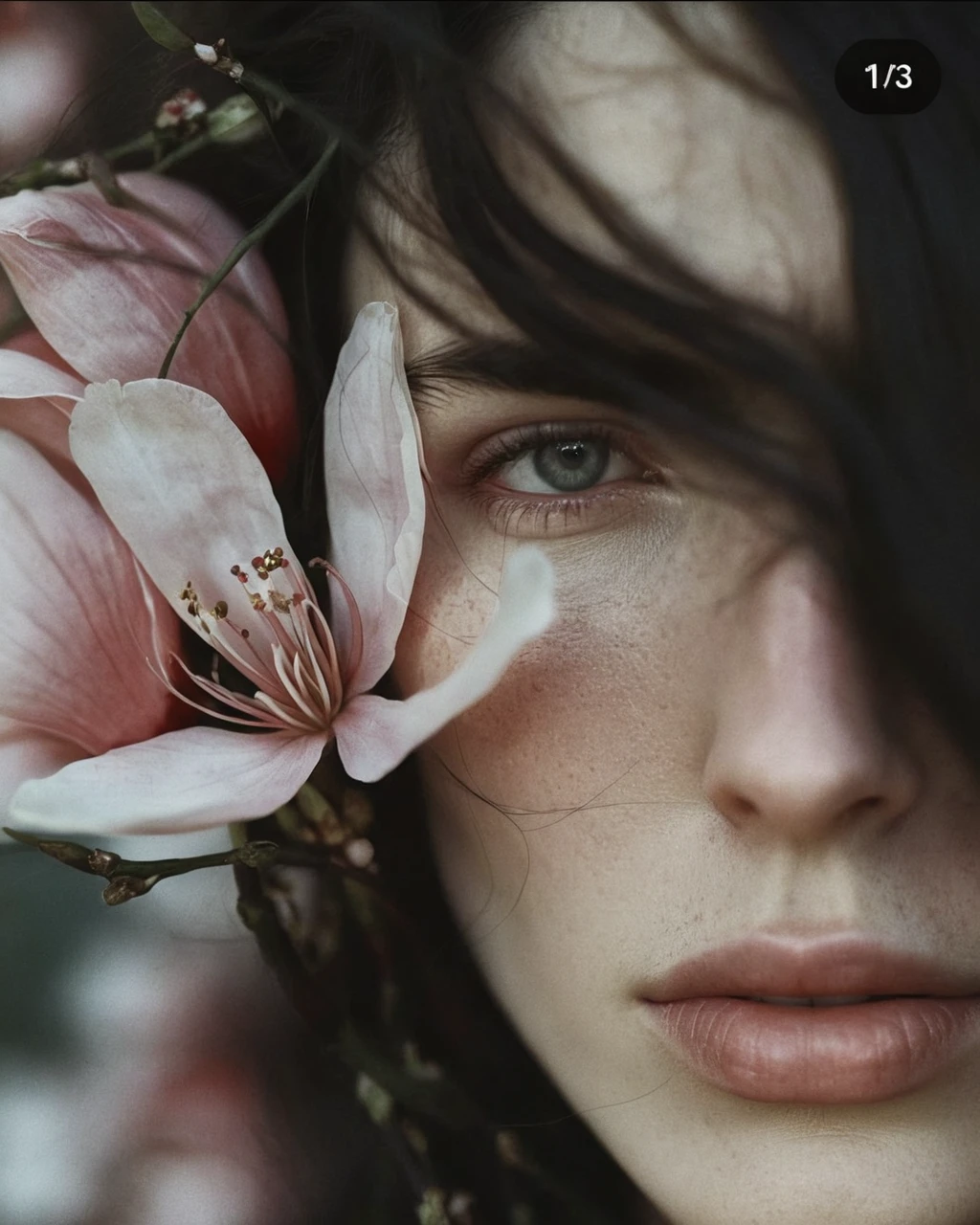 1girl, long dark hair, flowers woven into hair,white and red flowers, soft warm lighting, partially lit face, calm pensive expression, detailed eyes and lips, artistic photography style, warm color scheme, intimate, peaceful