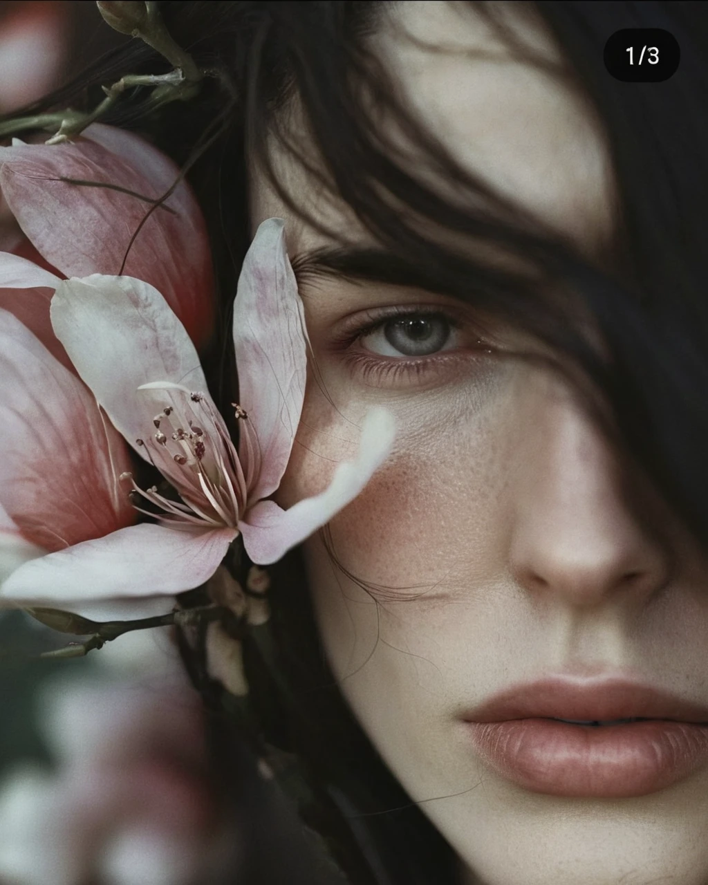1girl, long dark hair, flowers woven into hair,white and red flowers, soft warm lighting, partially lit face, calm pensive expression, detailed eyes and lips, artistic photography style, warm color scheme, intimate, peaceful
