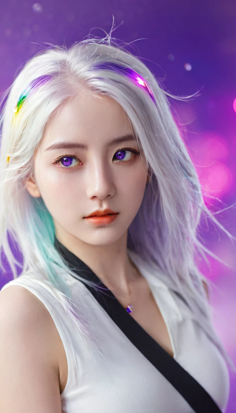 1 Girl, White hair, Colorful hair, Purple Eyes, Side Light, Light Particles, wallpaper, Armed, Sweating