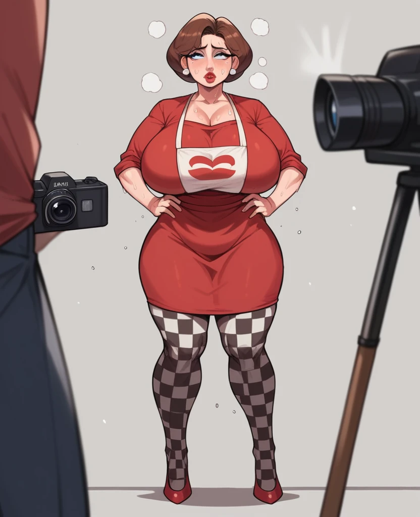 ((body sweat, mature lady, brown hair, blue eyes, big breasts, big breasts, short hair)) pixar mom, attractive woman, mature woman, ultra high detail, erotic, looking into the camera, big breasts, thick lips, big hip, big cleavage, red heels, red skirt, checkered stockings, apron, marked abdomen, sweaty face, camera focused on the face, red dress