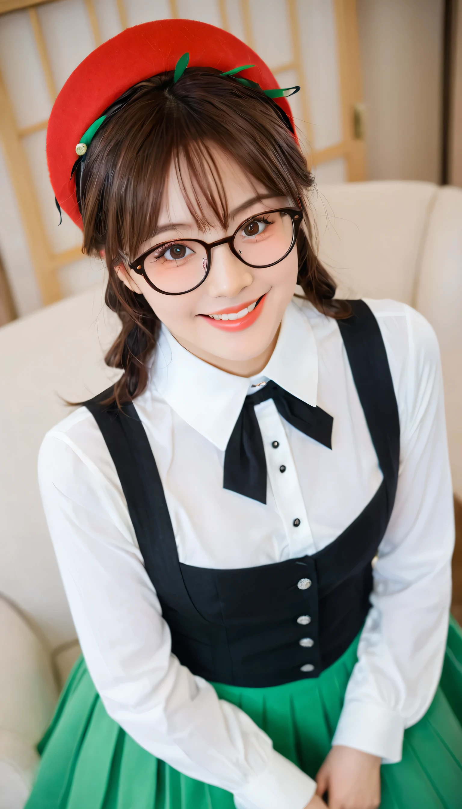 ((masterpiece, best quality)), aston machan (umamusume),, smile, large breasts, upper body, , long sleeves, white shirt, frills, green skirt, button, black thighhighs, suspender, , espectacled, red-framed eyewear, red hat crown, , crazy eyes, glowing eye, ,