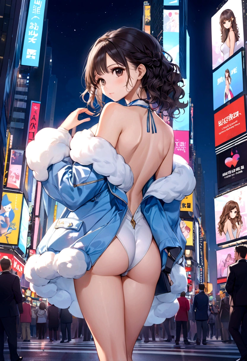 A 20-year-old woman who just became an adult、A little flashy、Grown-up、Hair、Unshaven、Fluffy curly hair、Backless clothing that accentuates the body line、High heels、sexy、whole body、A little to the right of the center of the screen、whole body、Back view、In the hand、Branded second bag、A female character who looks like Nina Dobrev、Times Square at night。